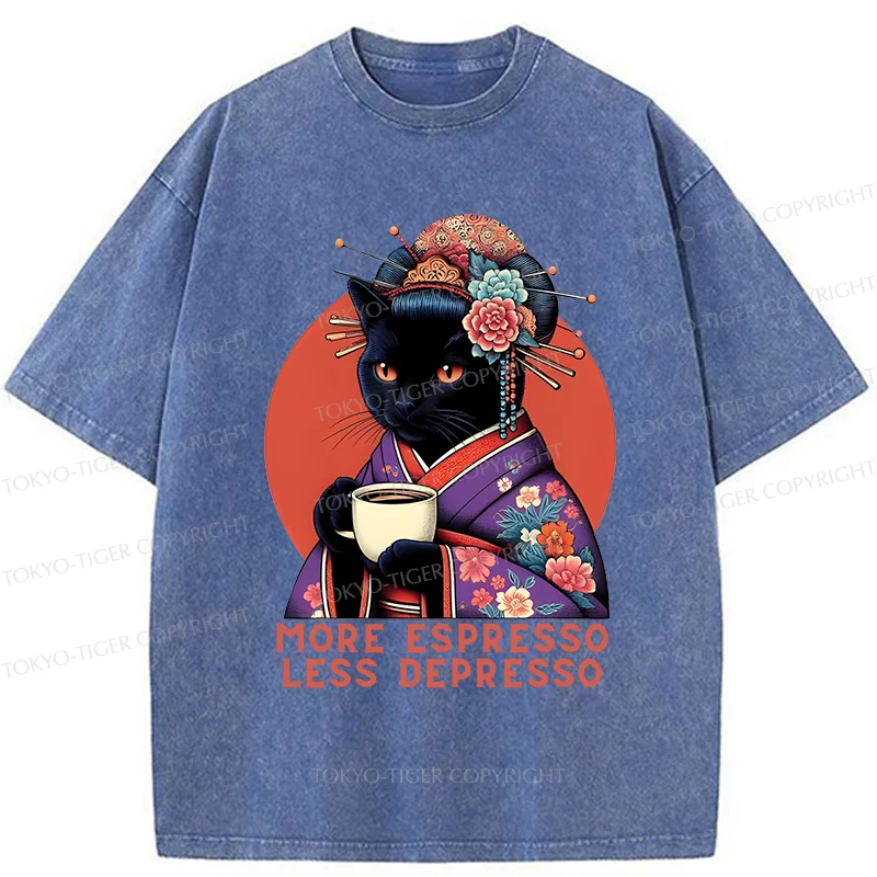 Tokyo-Tiger Black Cat Geisha Drinking Coffee Washed T-Shirt