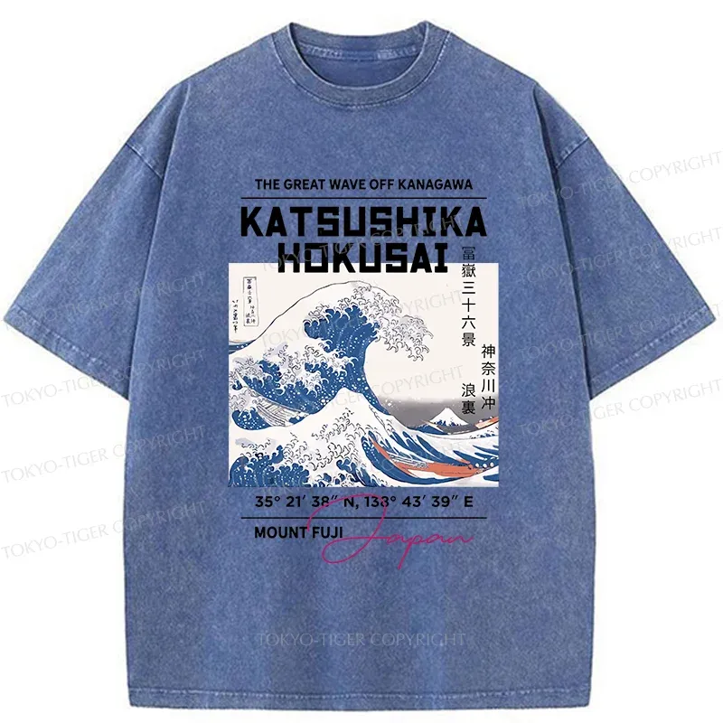 Tokyo-Tiger Ukiyo-e Waves Poster Washed T-Shirt