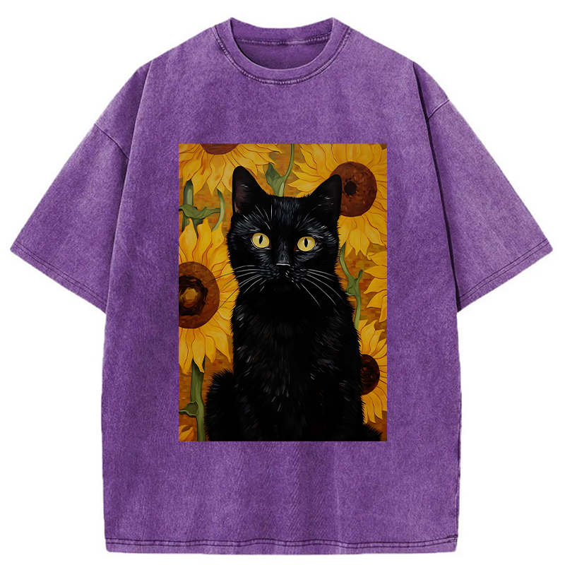 Tokyo-Tiger Black Cat Among Sunflowers Washed T-Shirt