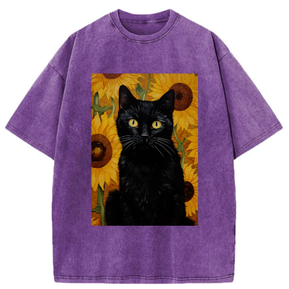 Tokyo-Tiger Black Cat Among Sunflowers Washed T-Shirt