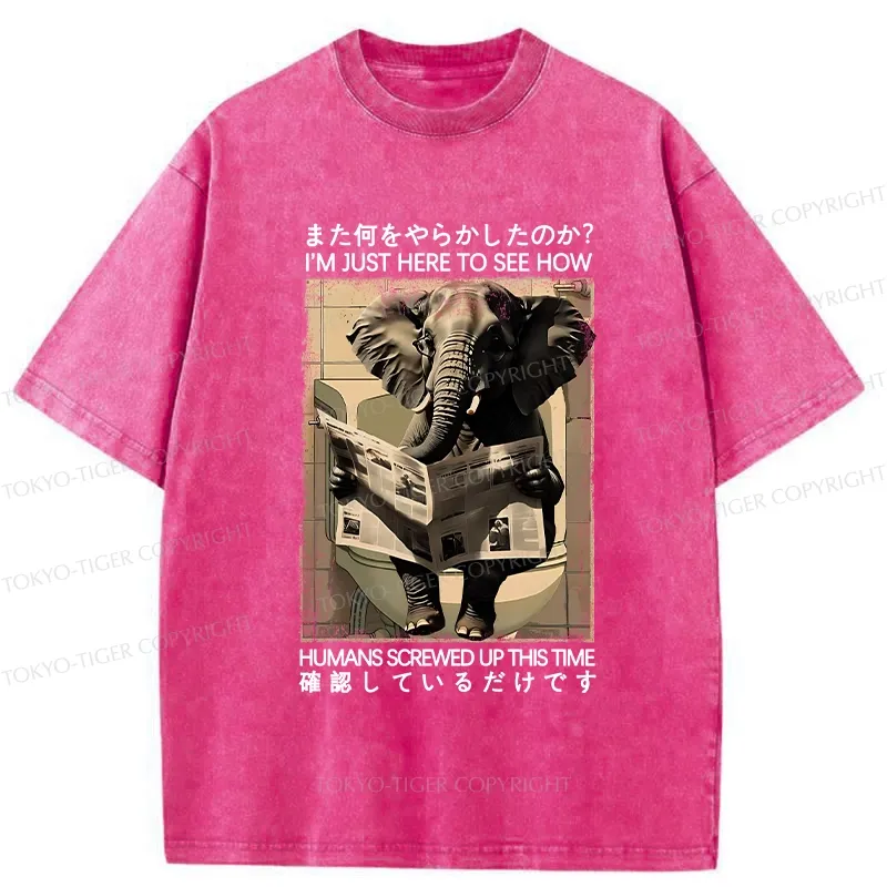 Tokyo-Tiger Funny Elephant Reading Newspaper Washed T-Shirt