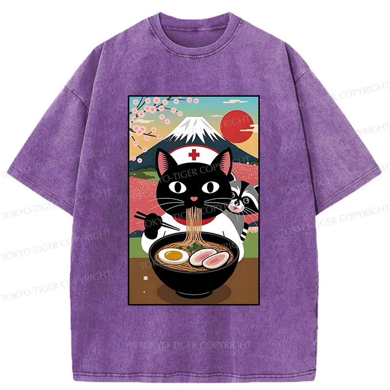 Tokyo-Tiger Nurse Cat Eating Ramen Washed T-Shirt