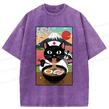 Tokyo-Tiger Nurse Cat Eating Ramen Washed T-Shirt
