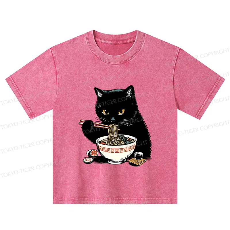 Tokyo-Tiger Cat Eating Favorite Ramen Kids Washed T-Shirt
