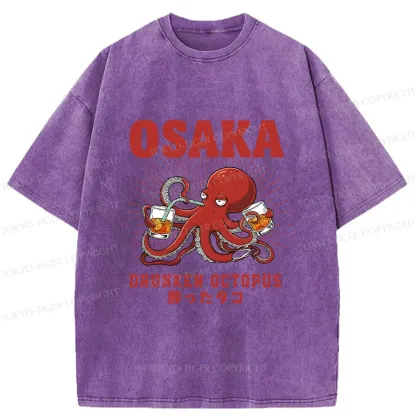 Tokyo-Tiger Octopus Drinking Beer Washed T-Shirt