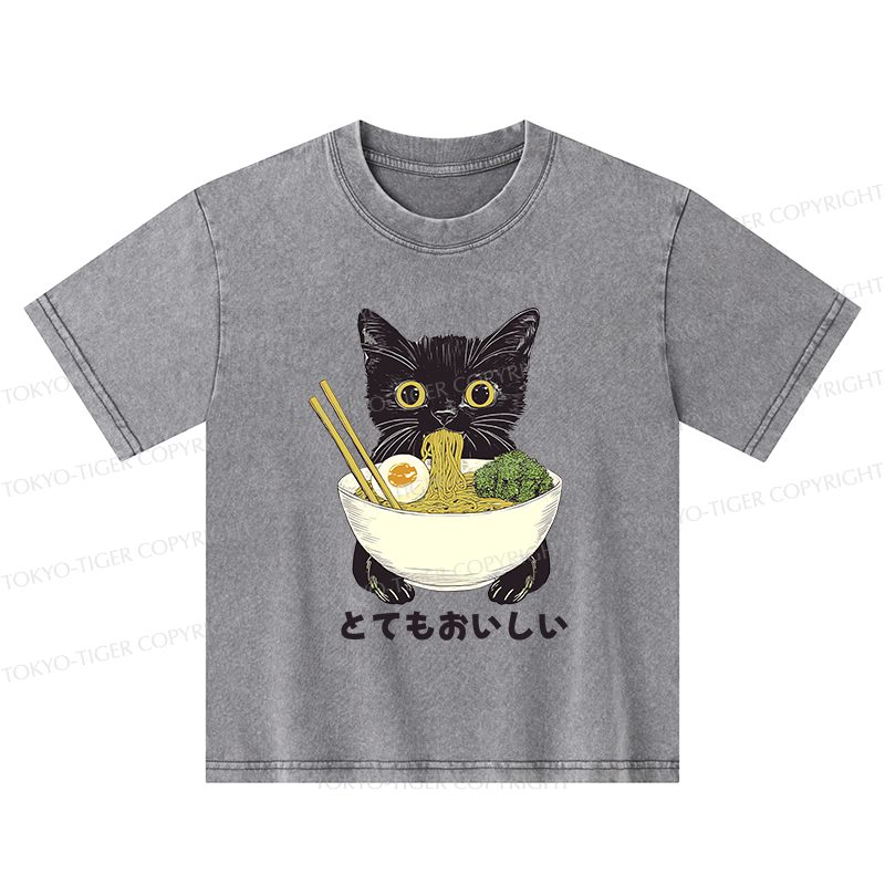 Tokyo-Tiger Ramen Lover Cute Cat Kids Washed T-Shirt