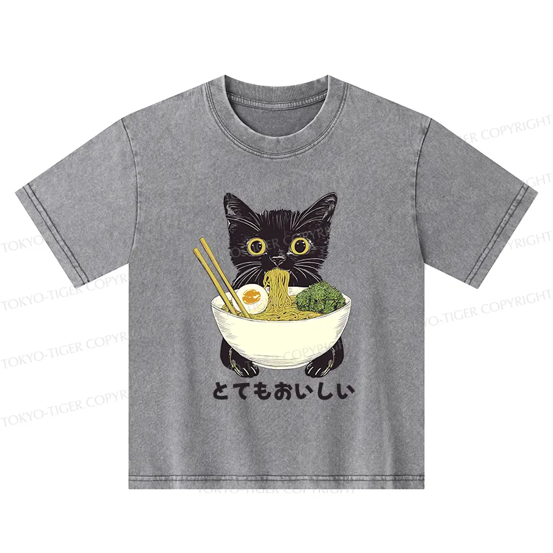 Tokyo-Tiger Ramen Lover Cute Cat Kids Washed T-Shirt