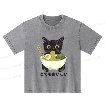 Tokyo-Tiger Ramen Lover Cute Cat Kids Washed T-Shirt