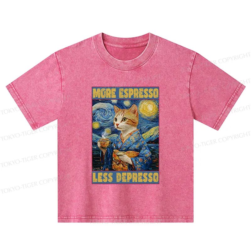 Tokyo-Tiger Funny More Espresso Less Depresso Kids Washed T-Shirt