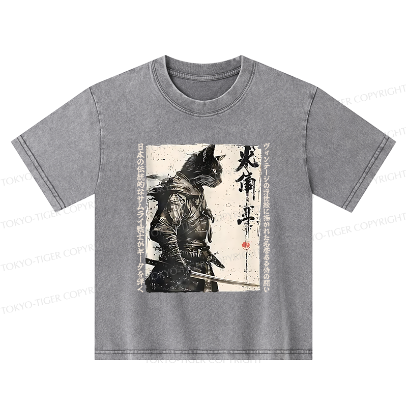 Tokyo-Tiger Cat Samurai Retro Kids Washed T-Shirt