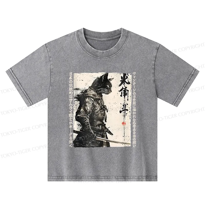 Tokyo-Tiger Cat Samurai Retro Kids Washed T-Shirt