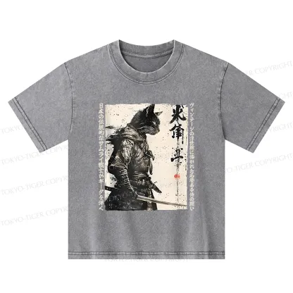 Tokyo-Tiger Cat Samurai Retro Kids Washed T-Shirt