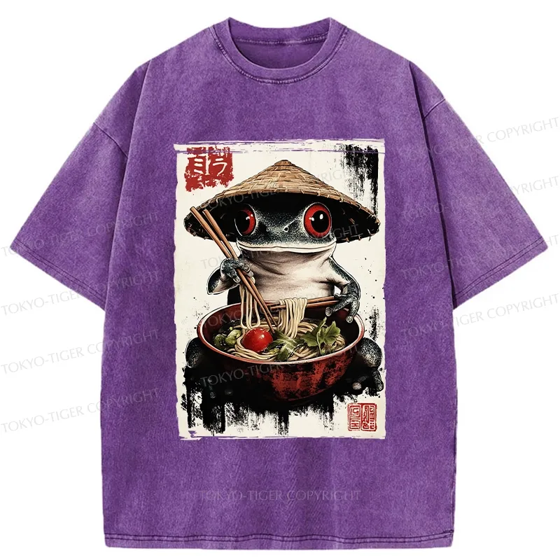 Tokyo-Tiger Retro Frog Eating Ramen Noodles Washed T-Shirt