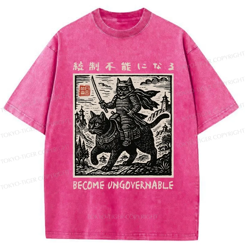 Tokyo-Tiger Funny Cat Samurai Riding A Cat Washed T-Shirt