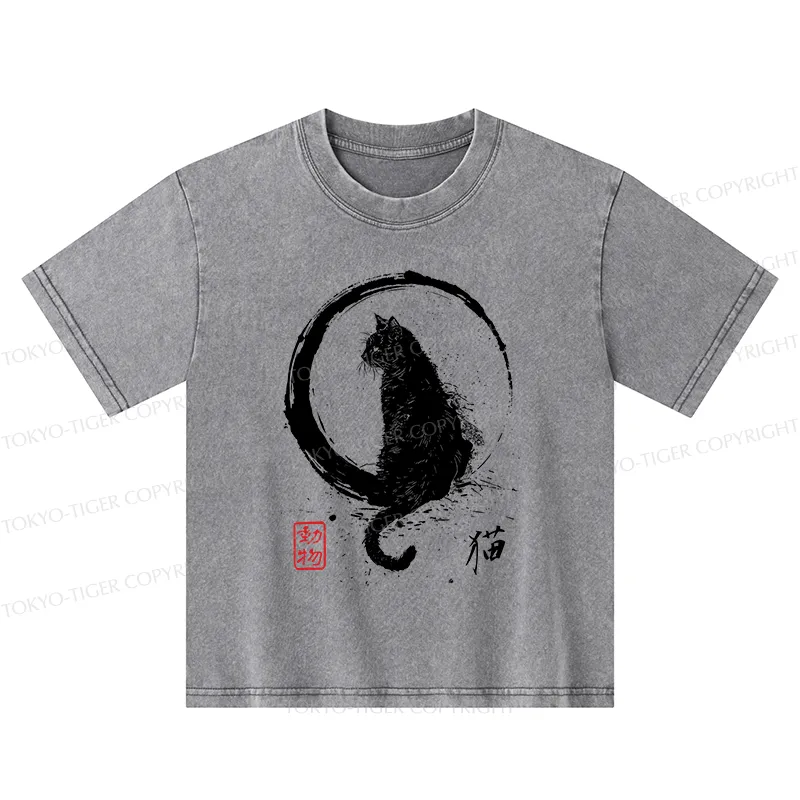 Tokyo-Tiger Retro Japanese Black Cat Kids Washed T-Shirt