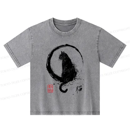 Tokyo-Tiger Retro Japanese Black Cat Kids Washed T-Shirt
