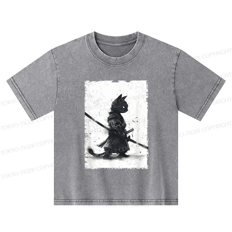Tokyo-Tiger Retro Cat Samurai Japanese Kids Washed T-Shirt