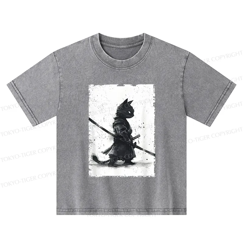 Tokyo-Tiger Retro Cat Samurai Japanese Kids Washed T-Shirt