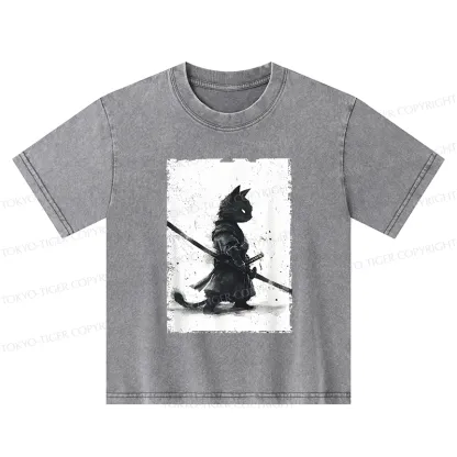 Tokyo-Tiger Retro Cat Samurai Japanese Kids Washed T-Shirt