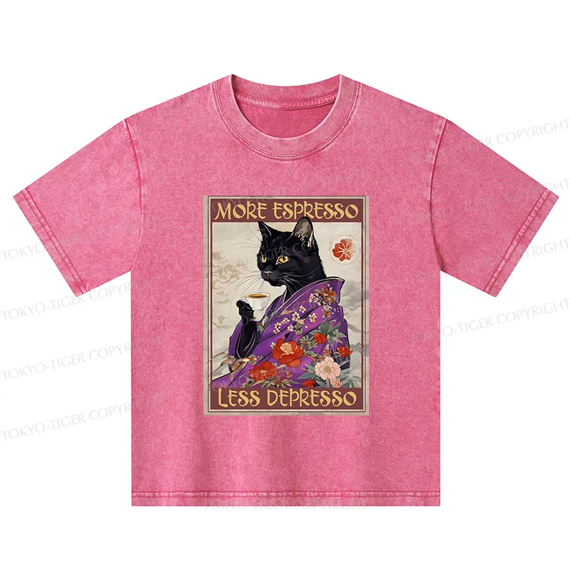 Tokyo-Tiger Japanese Cat Drinking Coffee Kids Washed T-Shirt