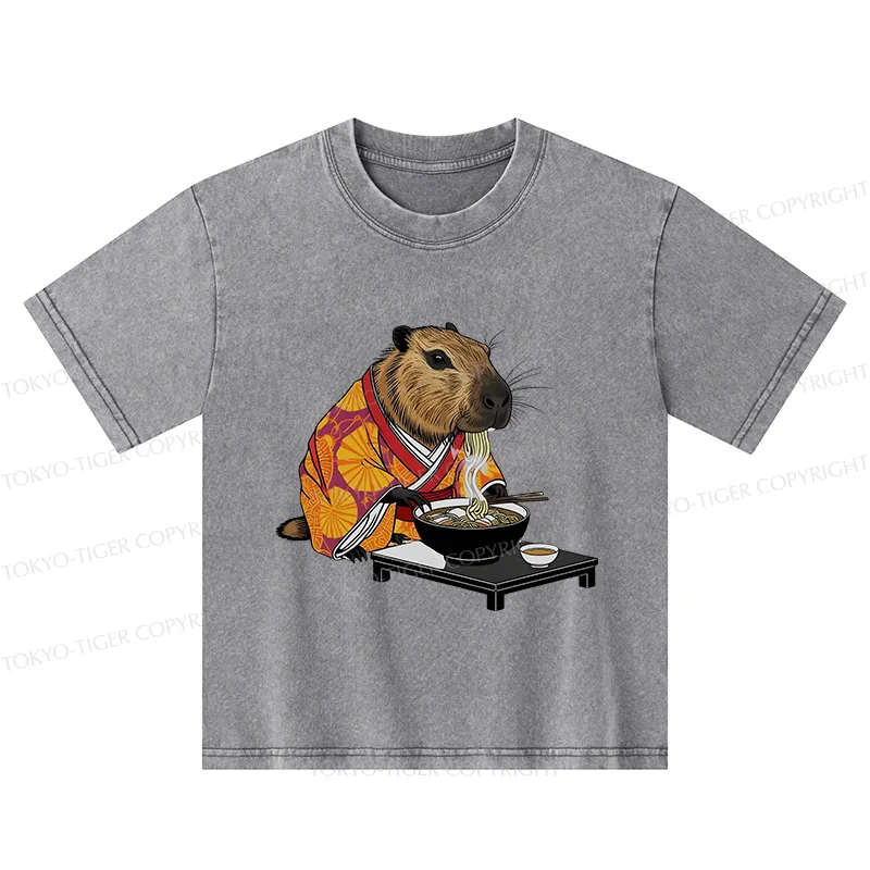 Tokyo-Tiger Cute Capybara Eating Ramen Kids Washed T-Shirt