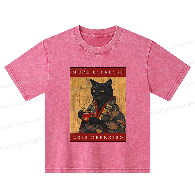 Tokyo-Tiger More Espresso Less Depresso Cat Kids Washed T-Shirt