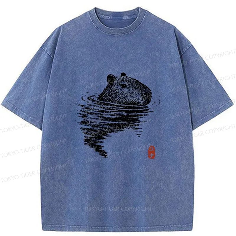 Tokyo-Tiger Swimming Capybara Washed T-Shirt