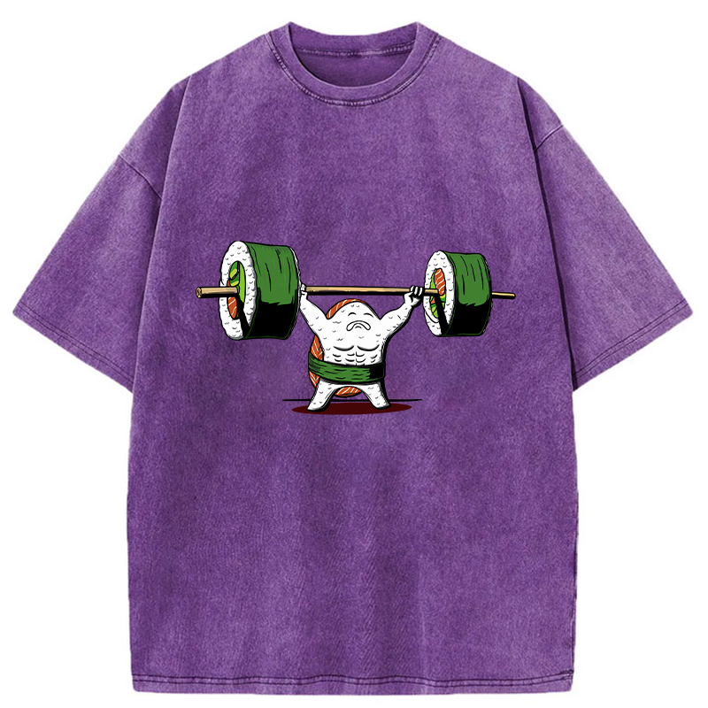 Tokyo-Tiger Funny Sushi Weightlifting Washed T-Shirt
