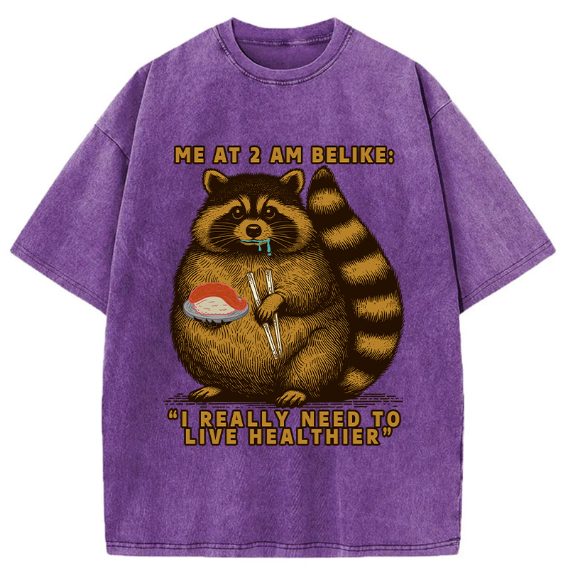 Tokyo-Tiger Fat Raccoon Eating Sushi Washed T-Shirt