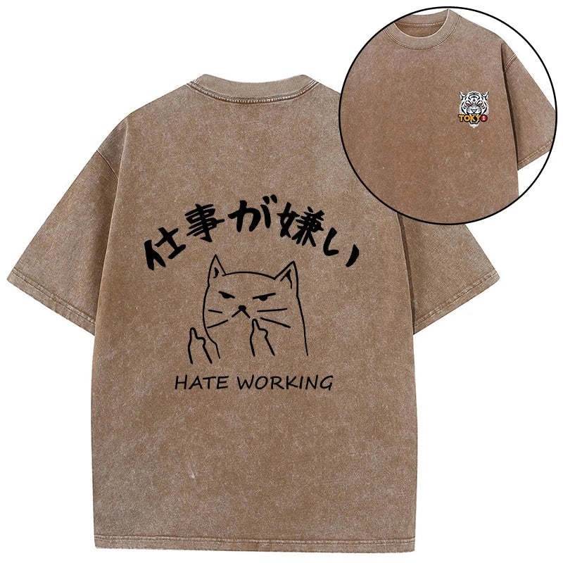 Tokyo-Tiger A Cat That Hates Work Front Back Washed T-Shirt-tokyo-tiger