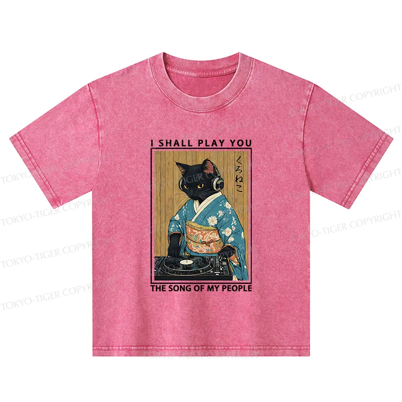 Tokyo-Tiger Funny Playing Music Black Cat Kids Washed T-Shirt