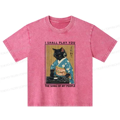 Tokyo-Tiger Funny Playing Music Black Cat Kids Washed T-Shirt