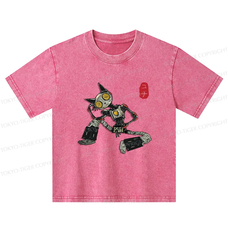 Tokyo-Tiger Contemplative Robot Cat Kids Washed T-Shirt