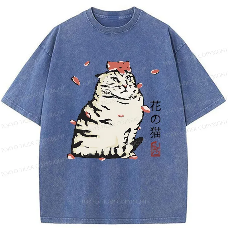 Tokyo-Tiger Cat And Sakura Washed T-Shirt