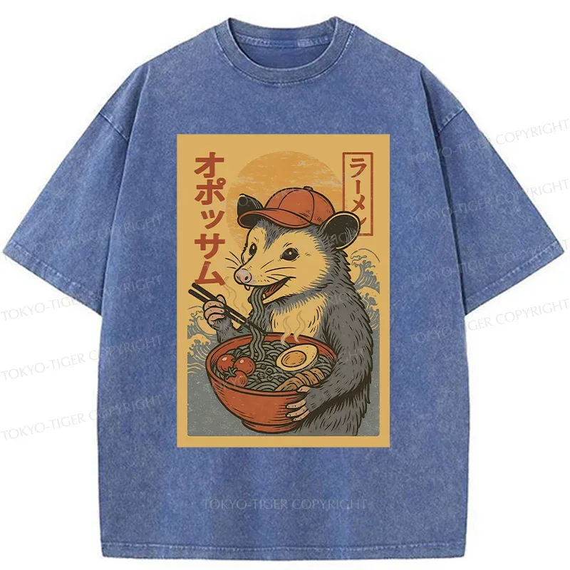 Tokyo-Tiger Opossum Eat Ramen Washed T-Shirt