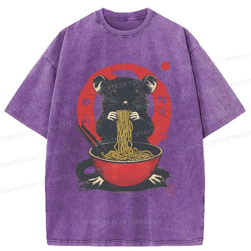 Tokyo-Tiger Mouse Eating Ramen Washed T-Shirt