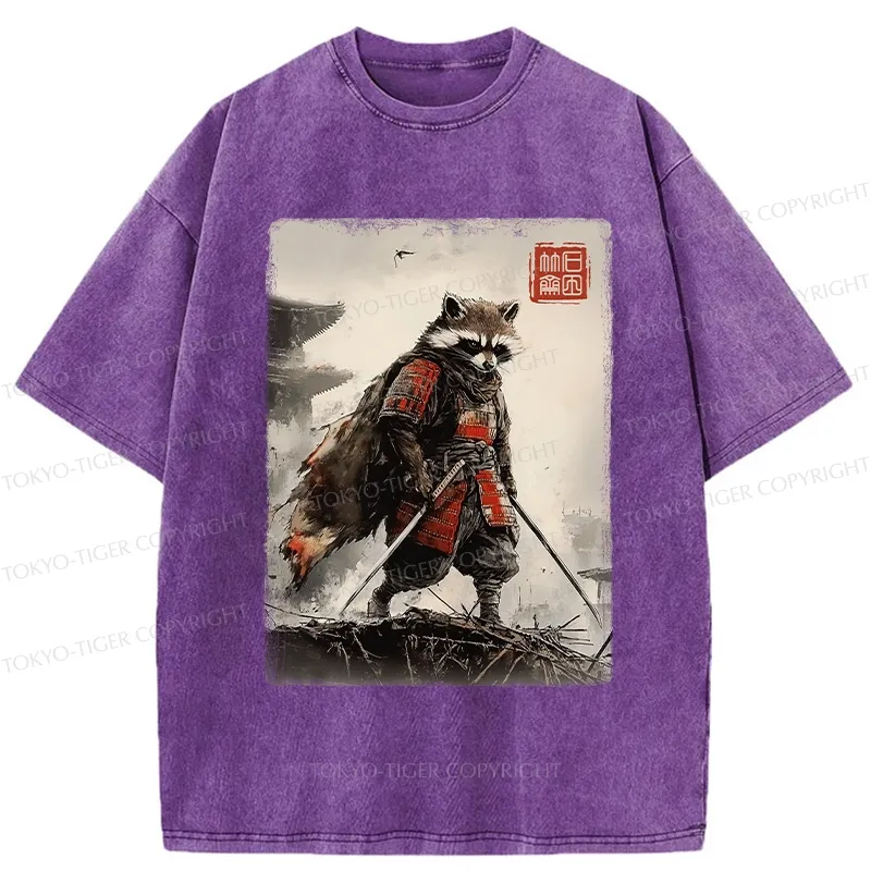 Tokyo-Tiger Retro Raccoon Samurai Washed T-Shirt