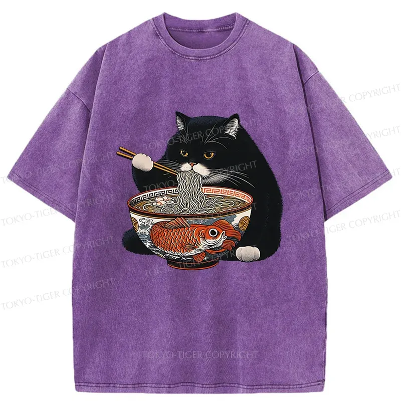 Tokyo-Tiger Fat Cat Eating Ramen Washed T-Shirt