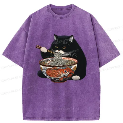 Tokyo-Tiger Fat Cat Eating Ramen Washed T-Shirt