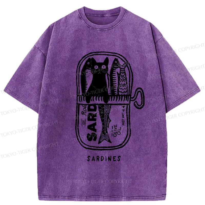 Tokyo-Tiger Cat Hiding In A Sardine Can Washed T-Shirt