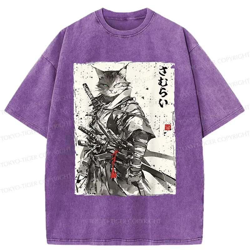 Tokyo-Tiger Retro Cat Samurai Washed T-Shirt