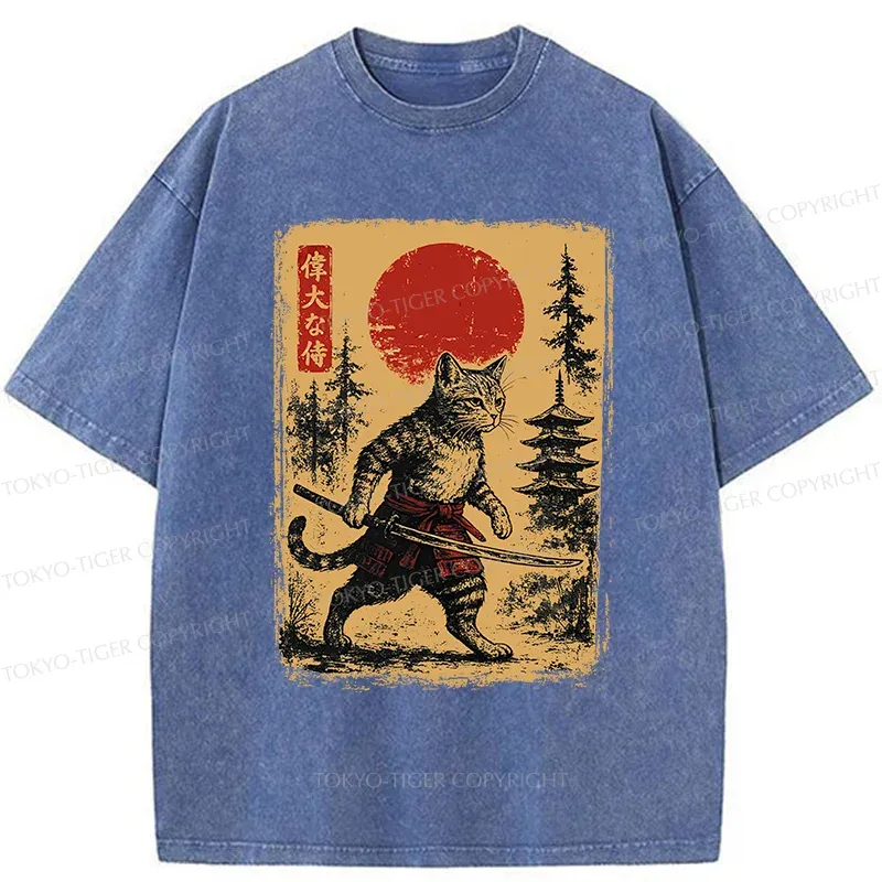 Tokyo-Tiger Stray Cat Samurai Washed T-Shirt