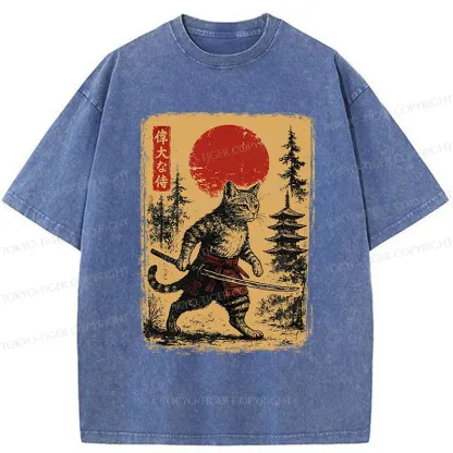 Tokyo-Tiger Stray Cat Samurai Washed T-Shirt
