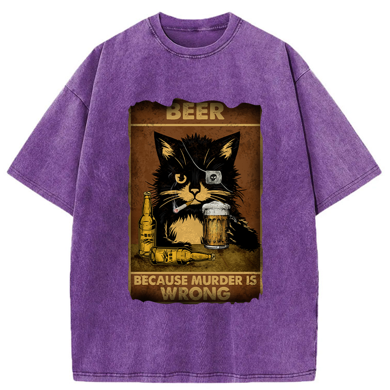 Tokyo-Tiger Black Cat Drinking Beer Washed T-Shirt