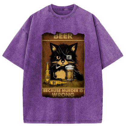 Tokyo-Tiger Black Cat Drinking Beer Washed T-Shirt