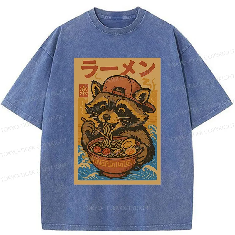 Tokyo-Tiger Cute Raccoon Eating Ramen Washed T-Shirt