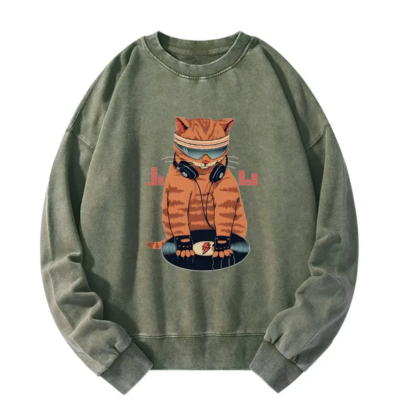 Tokyo-Tiger Funny Cat DJ Washed Sweatshirt