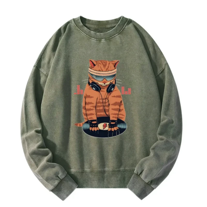 Tokyo-Tiger Funny Cat DJ Washed Sweatshirt