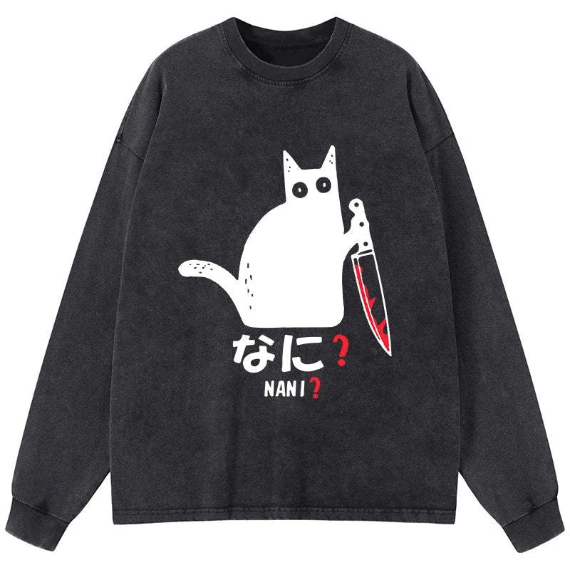 Tokyo-Tiger A Puzzled Cat Holding A Knife Washed Long Sleeve T-Shirt Sale