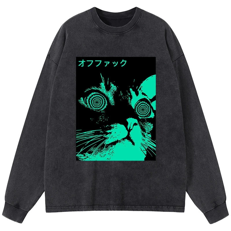 Tokyo-Tiger Cool Cat Japanese Washed Long Sleeve T-Shirt